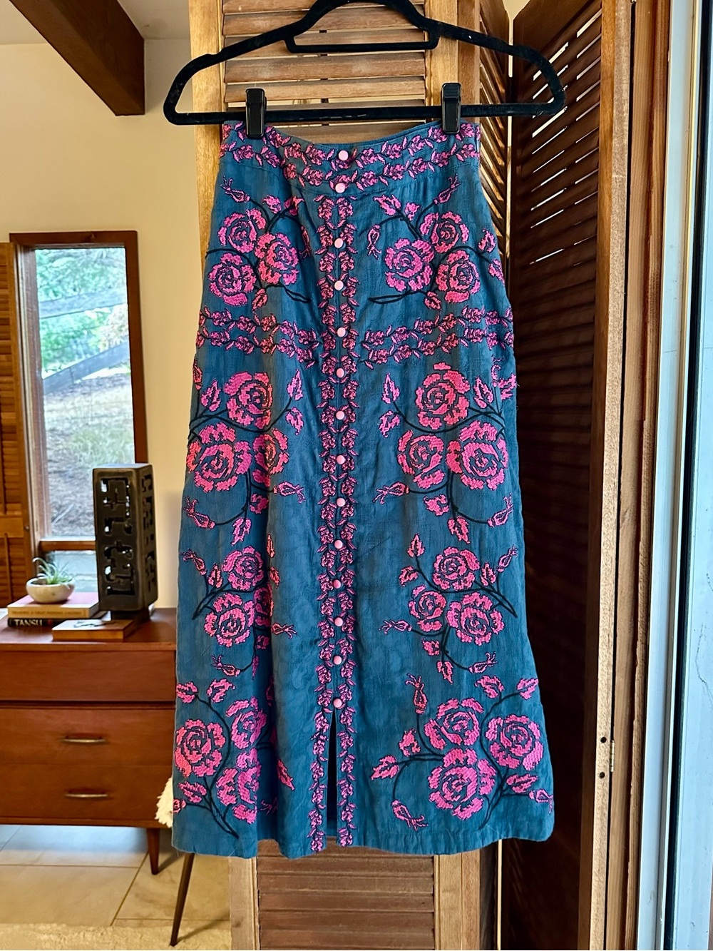 Anthropologie Embroidered Midi Skirt - Blue & Pink - Size 0